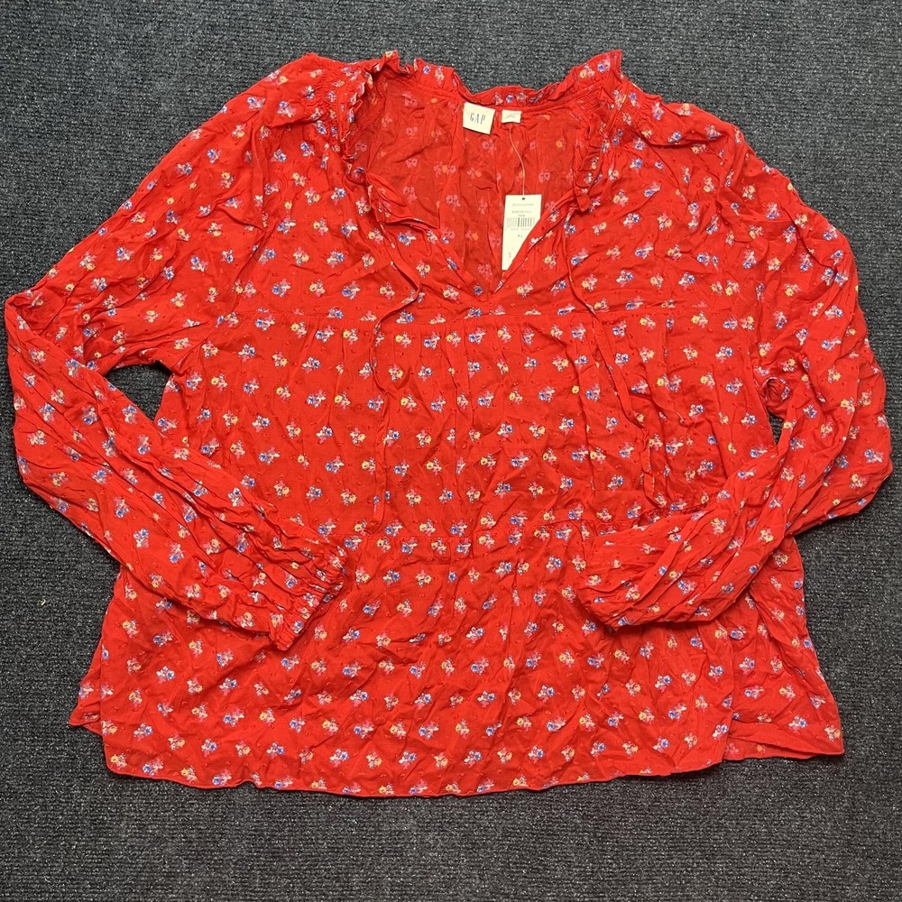 Gap Blouse Womens XL Red Floral V-Neck Ruffle Elastic Waist Rayon Lightweight